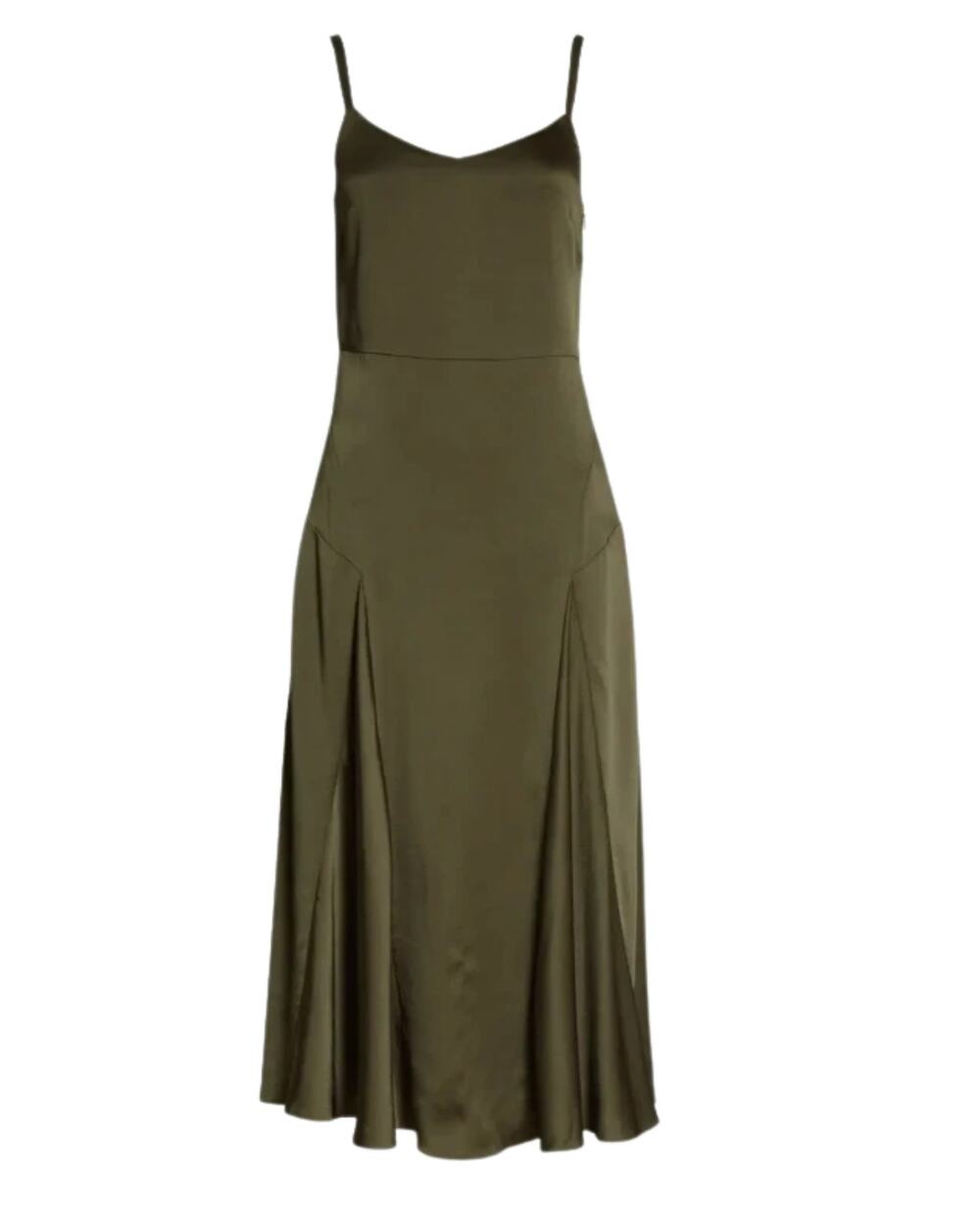 Vince Godet Detail Olive Erba Slip Midi Dress Size 12 Green
